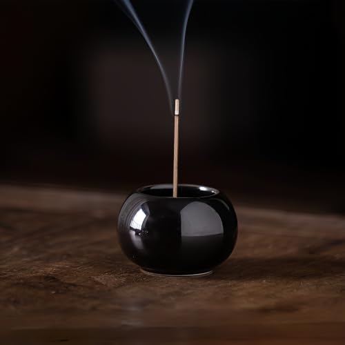 Black Glaze Ceramic Incense Burner Bowl, 2.2 Inch Zen Stick Incense Holder with Ash Catcher, Minimalist Tabletop Censer for Meditation Yoga Aromatherapy, Home Office Desk Decor by werdecade