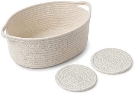 Small Cotton Rope Basket - White Woven Storage Basket with Handles, Desktop Organizer for Keys, Remotes, Makeup, Soft Decorative Bin for Bathroom, Office Shelf (White) - Image 4