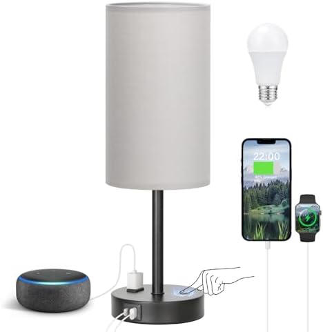 Fenmzee 17.4" Grey Lamp for Bedroom - Dimmable Touch, USB A+C, AC Outlet by Fenmzeelighting