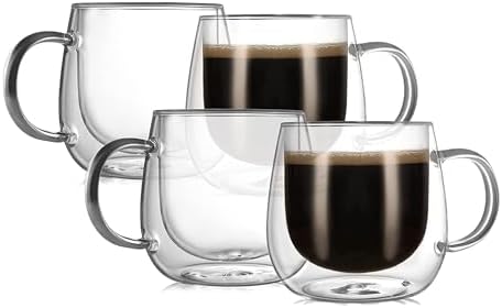 CNGLASS 12oz Double Walled Glass Coffee Mugs(4-pack),Large Clear Coffee Cups with Handle,Glass Espresso Mugs for Latte,Cappuccino,Tea by CNGLASS