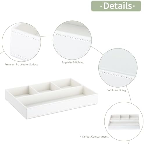 GORESE Faux Leather Valet Tray, Stackable Jewelry Trays for Dresser Table Drawer, Nightstand Organizer for Men Women, EDC Catch All Tray for Trinket, Key, Purse, Sunglass, Watch, Cologne, White - Image 6