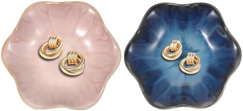 uxcell 2Pcs Ceramics Jewelry Plate, Lotus Leaf Shape Key Holder Bowl for Entryway Table Decor Small Ring Tray Dish Gift for Women Girlfriend, Pink/Blue by uxcell