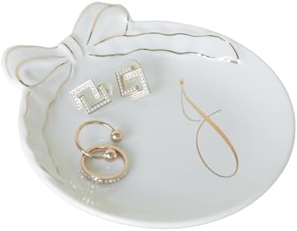 COLLECTIVE HOME Ceramic Jewelry Tray, Monogram Trinket Dish with Bow (J) by COLLECTIVEHOME