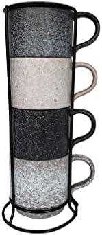 14oz Stackable Ceramic Coffee Mugs with Metal Rack, Assorted Colors - Set of 4 Space Saving Durable Stacking Cups with Speckled Finish by EssentialDrinkware