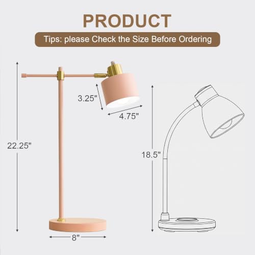OYEARS 22.2" Modern Desk Lamp, Metal Table Lamp with LED Bulb, Adjustable Reading Lamps for Living Room, Mid Century Task Lamp for Home Office, Industrial Bedside Lamps with Solid Base, Pink - Image 5
