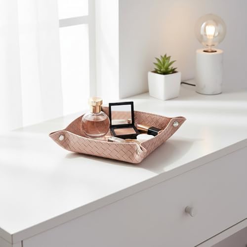UnionBasic Small Valet Tray, Jewelry Tray for Rings Watches Earrings, Entryway Catchall Caddy for Coins Keys Change, Nightstand Bedside Valet Holder, Trays for Electronic Gadgets, Woven Pink - Image 5