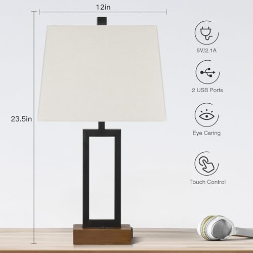 Lolikit Table Lamp for Bedroom Set of 2 with 2 USB Ports and AC Power Outlet, 23.5" Modern Bedside Lamp, Wood Nightstand Lamp with Linen Shade for Living Room Hotel Desk(LED Bulb Included) - Image 5