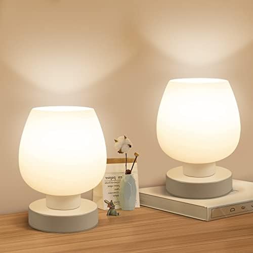 Touch Bedside Table Lamp Set of 2 - Small Modern Table Lamp for Bedroom Living Room Nightstand, 3-Way Dimable Desk lamp with White Opal Glass Lamp Shade, 2700K LED Bulb, Simple Design Home Decor by onewish