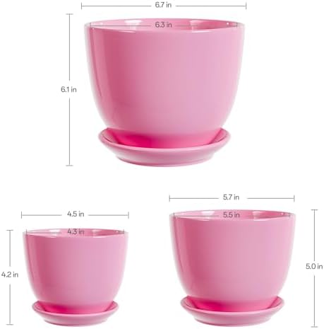 Pink Plant Pots,Ceramic Flower Pots Set of 3 with Drainage Holes & Saucers - Image 2