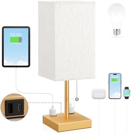 Gold Bedside Lamp for Bedroom - 3 Color Temperatures, USB A+C, 2 AC Outlets by Aooshine