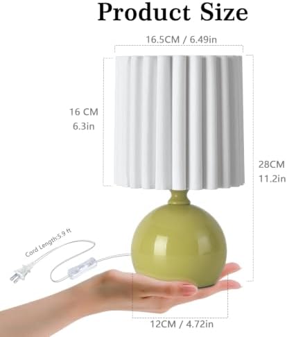 Ziqqeelam Green Small Table Lamp with Scalloped Linen Shade, Mini Green Table Lamp for Bedroom Nightstand, Cute Desk Night Light for Living Room, Bookshelf, Kitchen Counter, Kids Room, Office - Image 2