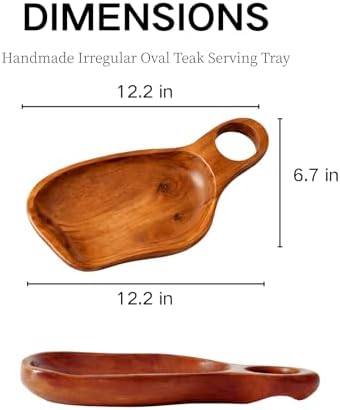 Solid Teak Wood Serving Tray - 12.2" Handcrafted Curved Platter with Handle for Entryway Key Catchall, Kitchen Coffee Station & Party - Image 3