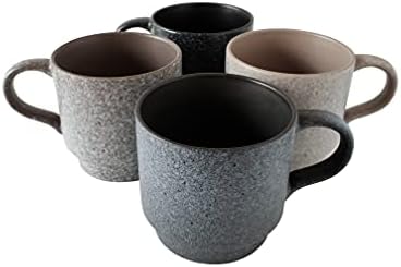 14oz Stackable Ceramic Coffee Mugs with Metal Rack, Assorted Colors - Set of 4 Space Saving Durable Stacking Cups with Speckled Finish - Image 3