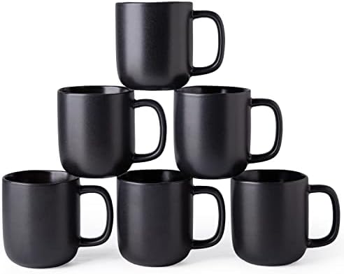 AmorArc 14oz Coffee Mugs Set of 6, Ceramic Coffee Mugs with Large Handle & Wavy Rim for Latte/Hot Cocoa/Tea, Stylish Coffee Mugs for Men Women. Oven,Dishwasher&Microwave Safe, Matte Black by AmorArc