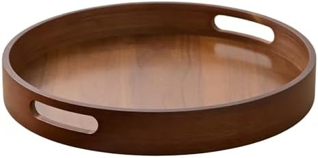 11.8 Inch Rustic Wood Serving Tray with Handles-Small Round, Decorative Tray for Kitchen Living Room Coffee Table Candle Display Breakfast in Bed, Multi-Functional Food & Beverage Tray Farmhouse Style - Image 5