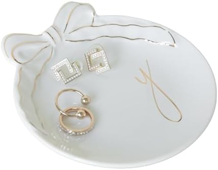 COLLECTIVE HOME Ceramic Jewelry Tray, Monogram Trinket Dish with Bow (Y) by COLLECTIVEHOME