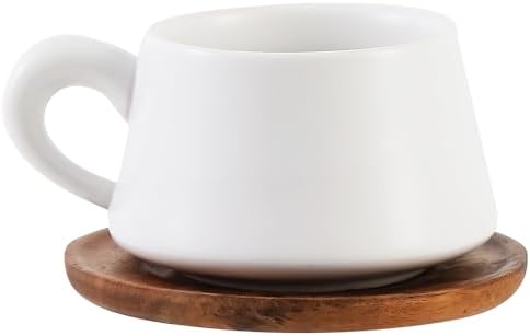 Set of 1 Ceramic Tea White Cup and Wood Saucer - 7 oz Tea Mug - Wide Cappuccino Cup, Coffee Cups for Cappuccino, Latte, Espresso, Americano by JINNTHE