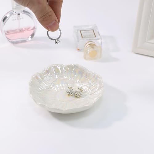 Flower Ring Dish Holder,Jewelry Dish Tray,Small Trinket Tray,Jewelry Plate Bowl,Key Bowl,Decorative Plate,Mothers Day Birthday Gifts for Women Mom Friends,Ceramic Pearl White - Image 2