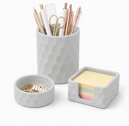 Aesthetic Geometric Silicone Desk Organizer Set of 3,Modern Office Desk Accessories with Round Pen Holder,Paperclip Tray,Sticky Note Holder,Stylish Functional Desk Decor for Home Office(Grey) by minimaliving