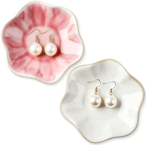 Meekoo 2 Pcs Lotus Leaf Ceramic Trinket Dish Ring Holder Pink and White by meekoo