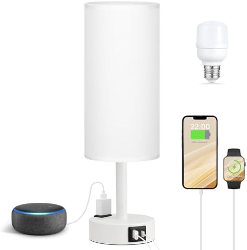Fenmzee White Bedside Lamp for Bedroom, Dimmable Touch, USB A+C, AC Outlet by Fenmzeelighting