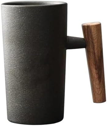 Coffee Mug with Wooden Handle 220ml Ergonomic Exquisite Stoneware Vintage Mugs Home Office Ceramic Cup for Tea Drinks Water, Black by Unknown