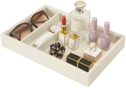 Bedside Organizer - Multi-use Nightstand & Desk-top Catchall Tray for Jewelry, Sunglasses, Phone, Watch, Perfume, Lipstick (Beige 3Grid) by FocusOnJewelryDisplay