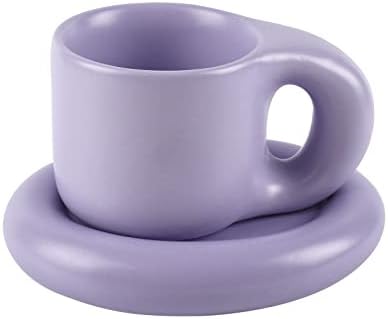 Koythin Ceramic Coffee Chubby Mug Saucer Set, Creative Cute Fat Handle Cup with Saucer for Office and Home, Dishwasher and Microwave Safe, 10 oz for Latte Tea Milk (Light Purple) by Koythin