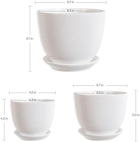 White Plant Pots,Ceramic Flower Pot Set of 3 with Drainage Holes & Saucers - Image 2