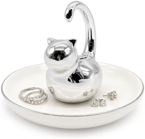 Cat Ring Holder Jewelry Dish–White & Silver Fat Cat Ceramic Trinket Tray,Birthday,Wedding,Graduation Gift for Women & Girls,Rings Earrings Necklaces Bracelets–Vanity,Nightstand,Dresser,Bathroom by bwszrosamatchawhiskset