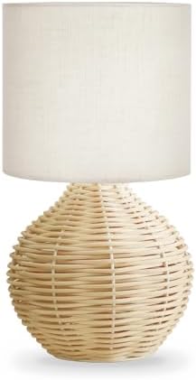 Rattan Table Lamp, Boho Farmhouse Style, Cotton Linen Lamp Shade, 6.2×6.2×11.8 Inch Small Table Lamp, with E12 LED Warm Light Bulb by LAMP