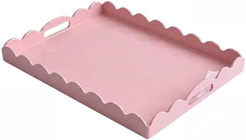 Gesodant Scalloped Glossy Plastic Lacquer Decorative Tray, 15.7 x 11.8 Inch Rectangle Serving Tray with Handles for Coffee Table, Ottoman, Bedroom Vanity, Living Room Centerpiece (Rectangle Pink) by Gesodant+