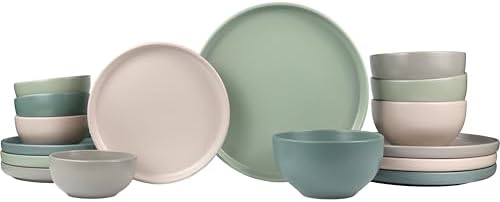 Sango 16-Piece Stoneware Dinnerware Set for 4, Satin Glazed Plates and Bowls Sets with Matte Finish, Ceramic Dish Set, Durable Kitchen Dishes, Microwave & Dishwasher Safe Dining, Rollo Artist's Blend by Sango