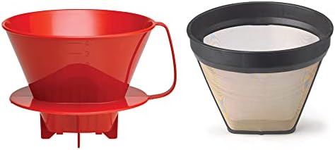 Fino Pour-Over Reusable Coffee Brewing Cone with Gold-Toned Mesh Permanent Coffee Filter, Number 4-Size, Red by Fino