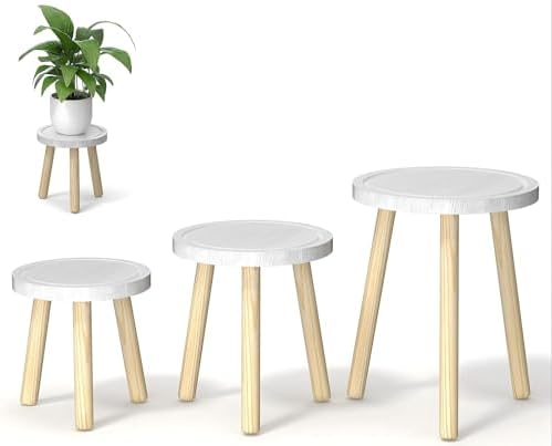 3-Pack Wood Plant Stands Indoor, Single Plant Stand for 6-12 Inch Pots, Mid-Century Modern Plant Stool, Tall Plant Stand for Large Plants for Living Room, Balcony, Office (White) by Unknown