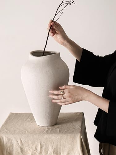 White Ceramic Vase - Large 13.6 Inch Tall Floor Vase for Centerpieces, Farmhouse Flower Vases, Rustic Minimalist Home Decor for Living Room, Enterway, Wedding (Sandstone White) - Image 5