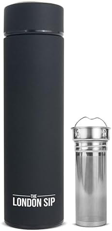 London Sip Multi-Purpose Tea Infuser Travel Mug and Tumbler Fruit Infuser Flask Hot and Cold Double Wall Stainless Steel Thermos with Extra-Long Infuser, Zen Black by TheLondonSip