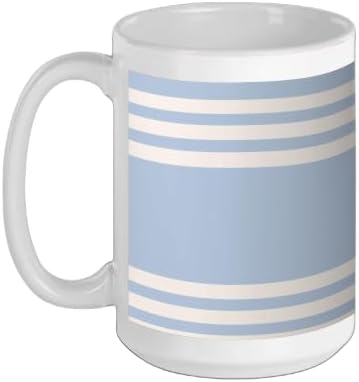 Pastel Blue & Ivory Striped Lines Minimalist Aesthetic Ceramic Mug, White, 15oz by Unknown