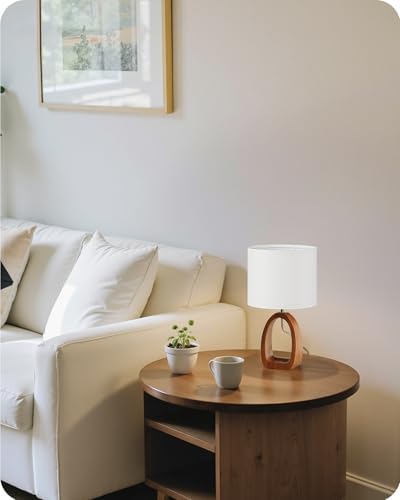 Small Table Lamp, 14.2" Cute Little Desk Lamp, Wood Bedside Lamp with White Linen Lampshade & Dark Pearwood Base, Modern Nightstand Lamp for Bedroom, E26 Base, Bulb Not Included, LW07TL05 - Image 2