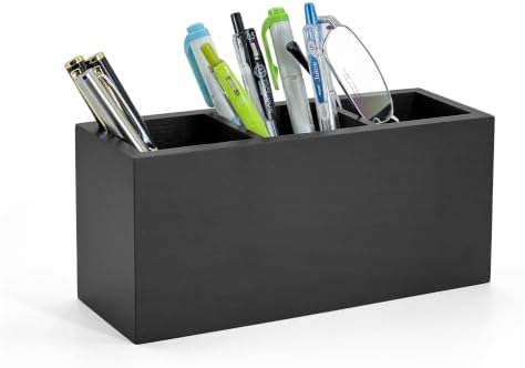 Wood Pen Holder for Desk with 3 Slots (Ash Black) by Cewomuc