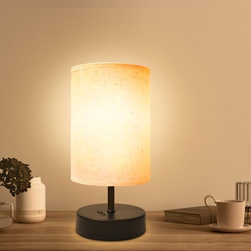 DEGNJU Small Bedside Lamp, Mini Minimalist Table Lamp with Round Flaxen Fabric Shade, 9 Inch Desk Reading Lamp for Bedroom, Living Room, Office, 1 Pack by DEGNJU