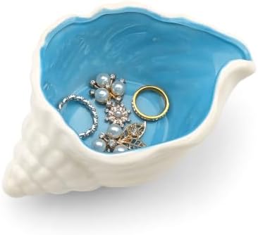 Conch Shell Jewelry Dish Ceramic, Blue Coastal Decor Jewelry Tray, Shell Trinket Dish for Rings Earrings, Ocean Themed Vanity Tray Jewelry Organizer for Bedroom Bathroom Desk, Gift for Women by Unknown