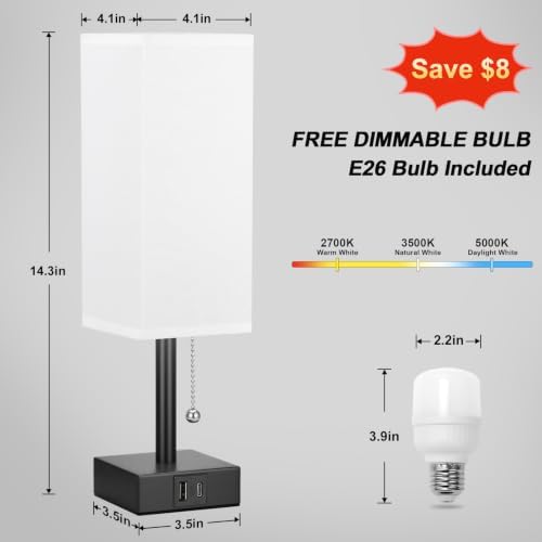 White Bedside Table Lamp for Bedroom - Desk Lamp For Nightstand, USB C+A - Image 5