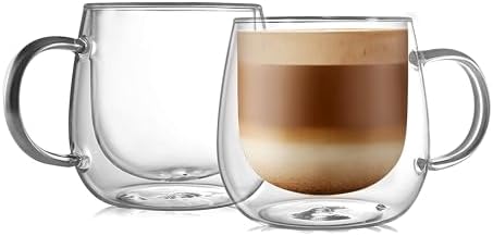 CNGLASS 16oz Double Walled Glass Coffee Mugs(2-pack),Large Clear Coffee Cups with Handle,Glass Espresso Mugs for Latte,Cappuccino,Tea by CNGLASS