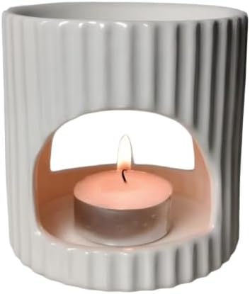 Glossy Vertical Ribbed Ceramic Wax Melt Warmer, Minimalist Cylinder Tea Light Essential Oil Burner Cream Home Decor White by Warmself