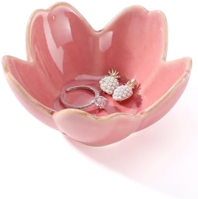 Pink Flower Ring Dish Holder,Jewelry Dish Tray,Small Trinket Tray,Jewelry Plate Bowl,Key Bowl,Decorative Plate,Mothers Day Birthday Gifts for Women Friends,Ceramic Kiln effect White by YZMICSTAR
