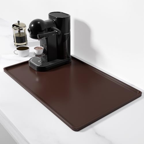 Rnivvi Silicone Coffee Mat, 12" x 19" Waterproof Raised Edge Coffee Bar Mats for Espresso Machine Station Accessories, Heat Resistant Dish Drying Pad for Kitchen Counter, Rubber Bar Decor Pad, Brown by Rnivvi