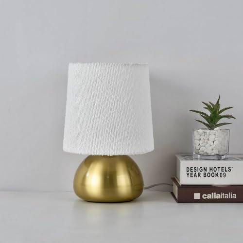 Mini Brass Table Lamp with Bouclé Linen Shade, Modern Small Bedside Lamp for Kitchen Counter, Bedroom, Desk, Bookshelf, Living Room,Kids Dorm by Unknown