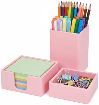 RAWILL Wood Desk Organizer Set with Sticky Note Holder, Pencil Pen Cup & Paper Clip Storage (Pink Silicone) by RAWILL