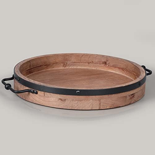 Round Coffee Table Tray|13'' Farmhouse Wood Serving Tray with Metal Handles by HOMEKITCHENANDBEYOND